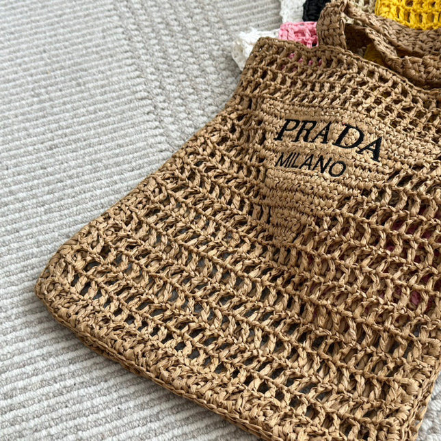BLACK EMBROIDED LOGO TOTE BAG 40IN BROWN WOVEN RAFFIA