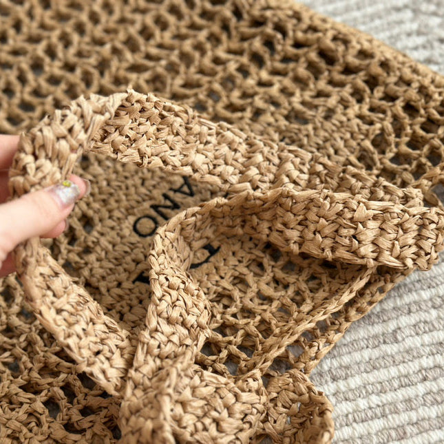 BLACK EMBROIDED LOGO TOTE BAG 40IN BROWN WOVEN RAFFIA