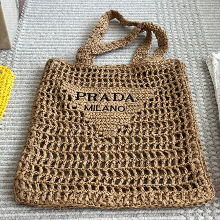BLACK EMBROIDED LOGO TOTE BAG 40IN BROWN WOVEN RAFFIA