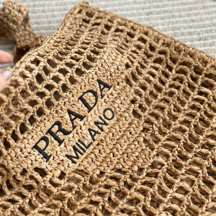 BLACK EMBROIDED LOGO TOTE BAG 40IN BROWN WOVEN RAFFIA