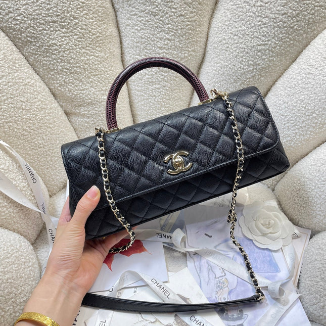 CHANEL 26S COCO HANDLE BAG 32 IN BLACK AND BURGUNDY CAVIAR CALFSKIN