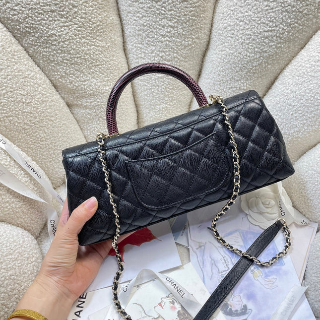 CHANEL 26S COCO HANDLE BAG 32 IN BLACK AND BURGUNDY CAVIAR CALFSKIN