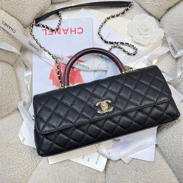 CHANEL 26S COCO HANDLE BAG 32 IN BLACK AND BURGUNDY CAVIAR CALFSKIN