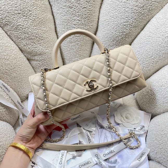 CHANEL 26S COCO HANDLE BAG 32 IN BEIGE CAVIAR CALFSKIN