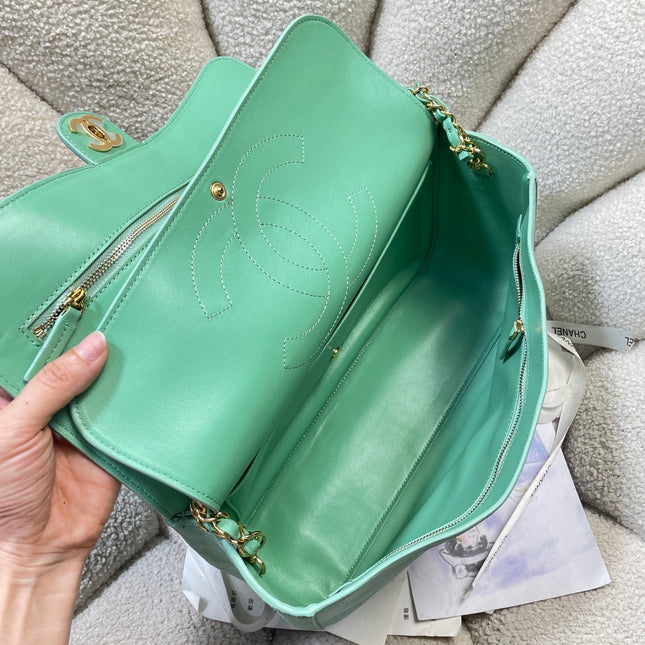 CHANEL 26S CLASSIC FLAP 33 IN MINT GREEN SUEDE