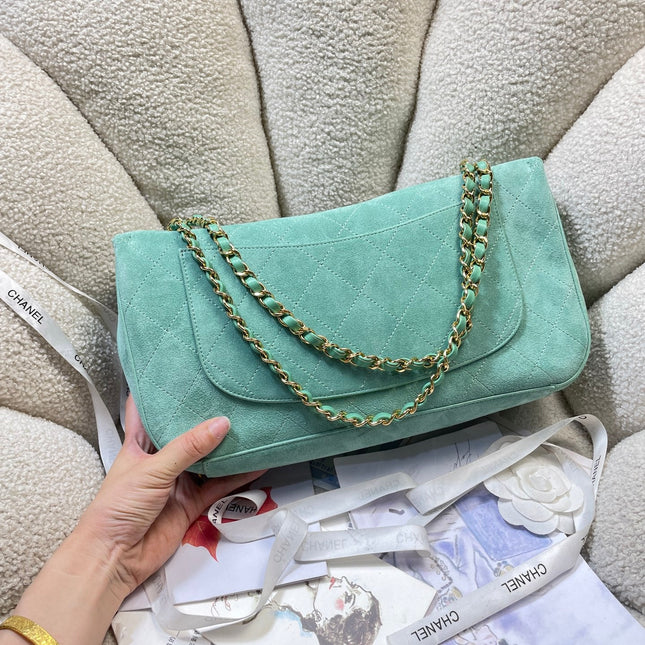 CHANEL 26S CLASSIC FLAP 33 IN MINT GREEN SUEDE
