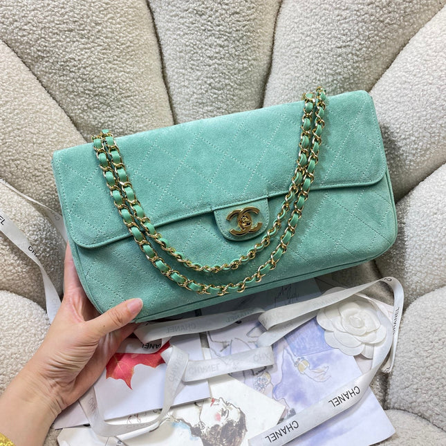 CHANEL 26S CLASSIC FLAP 33 IN MINT GREEN SUEDE