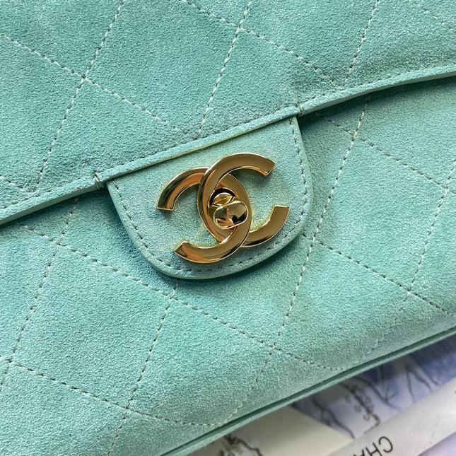 CHANEL 26S CLASSIC FLAP 33 IN MINT GREEN SUEDE