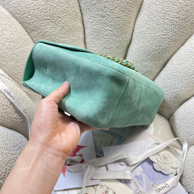 CHANEL 26S CLASSIC FLAP 33 IN MINT GREEN SUEDE