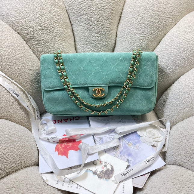 CHANEL 26S CLASSIC FLAP 33 IN MINT GREEN SUEDE