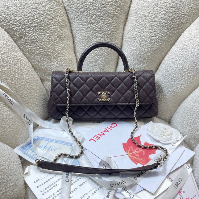 CHANEL 26S COCO HANDLE BAG 32 IN DARK BROWN CAVIAR CALFSKIN GOLD HARDWARE