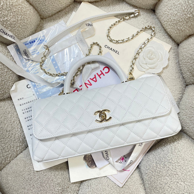 CHANEL 26S COCO HANDLE BAG 32 IN WHITE CAVIAR CALFSKIN GOLD HARDWARE