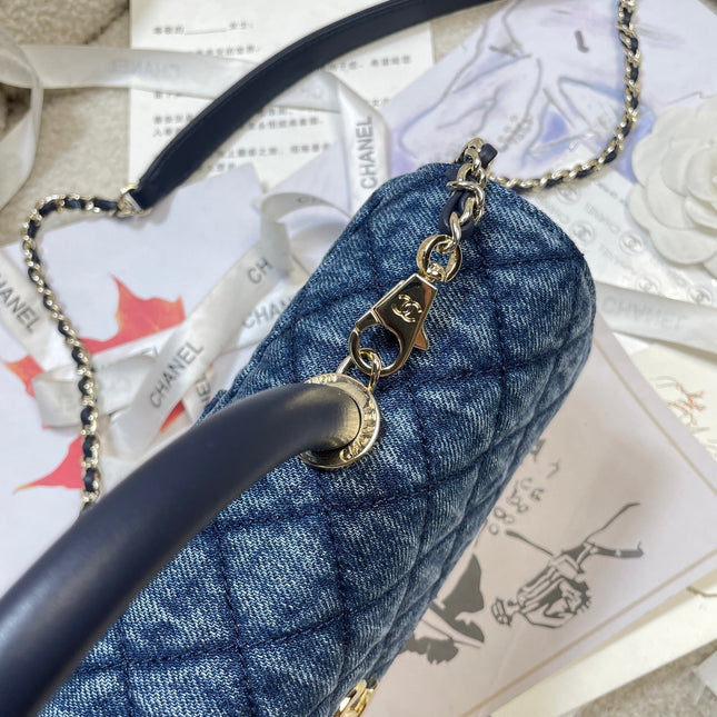 CHANEL 26S COCO HANDLE BAG 32 IN BLUE DENIM GOLD HARDWARE