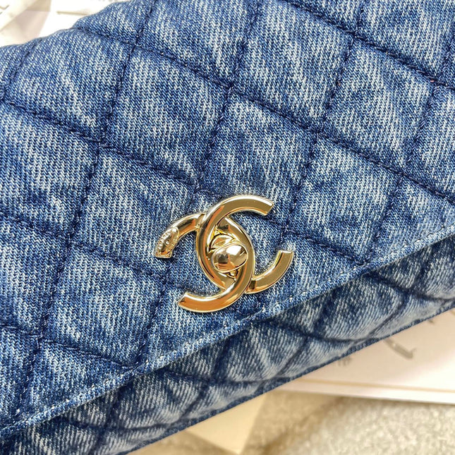 CHANEL 26S COCO HANDLE BAG 32 IN BLUE DENIM GOLD HARDWARE