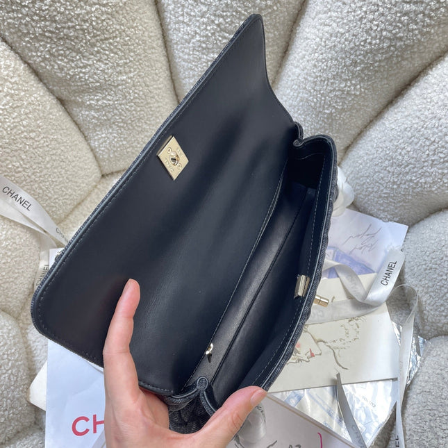 CHANEL 26S COCO HANDLE BAG 32 IN DARK BLUE DENIM GOLD HARDWARE