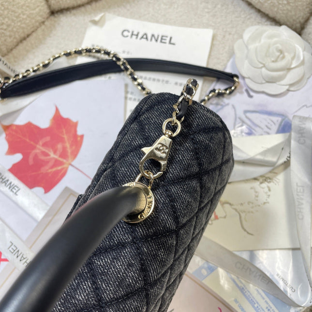 CHANEL 26S COCO HANDLE BAG 32 IN DARK BLUE DENIM GOLD HARDWARE