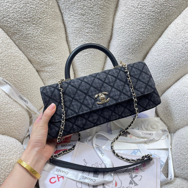 CHANEL 26S COCO HANDLE BAG 32 IN DARK BLUE DENIM GOLD HARDWARE