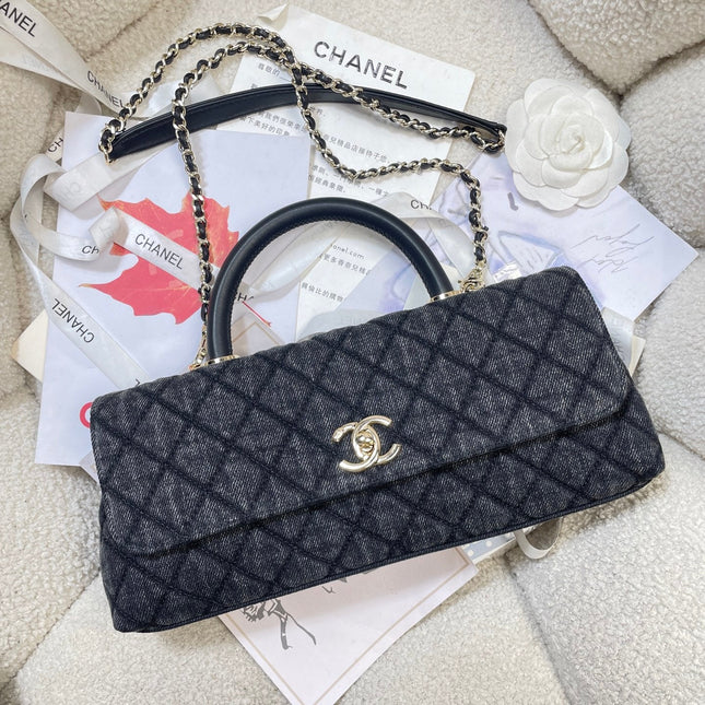 CHANEL 26S COCO HANDLE BAG 32 IN DARK BLUE DENIM GOLD HARDWARE