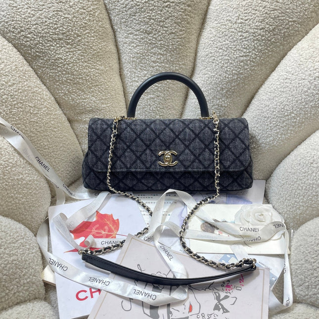 CHANEL 26S COCO HANDLE BAG 32 IN DARK BLUE DENIM GOLD HARDWARE