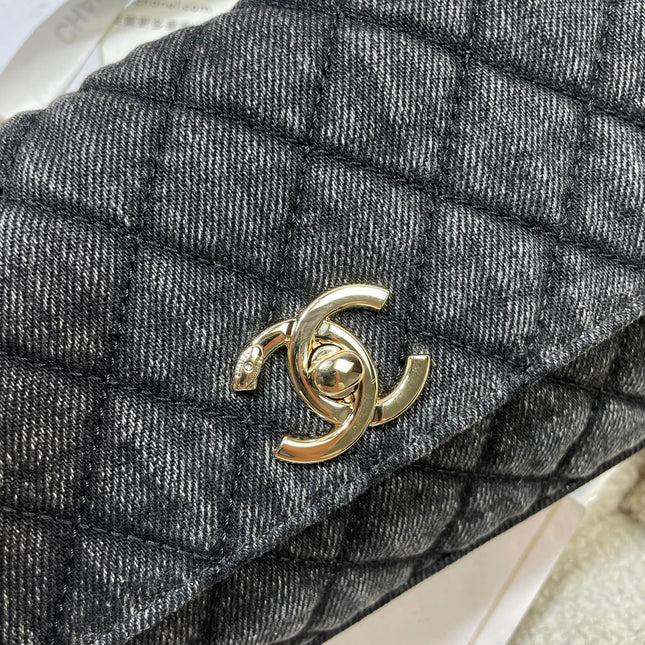 CHANEL 26S COCO HANDLE BAG 32 IN DARK BLUE DENIM GOLD HARDWARE