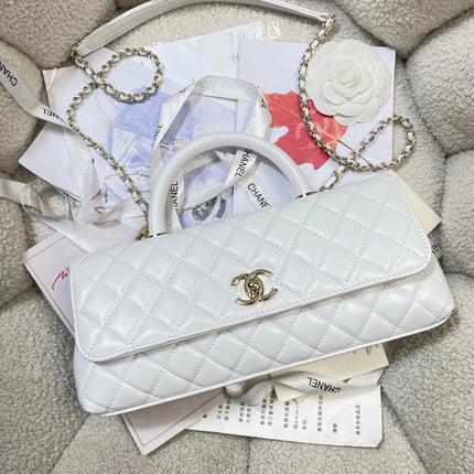 CHANEL 26S COCO HANDLE BAG 32 IN WHITE LAMBSKIN GOLD HARDWARE