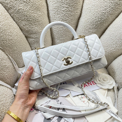 CHANEL 26S COCO HANDLE BAG 32 IN WHITE LAMBSKIN GOLD HARDWARE