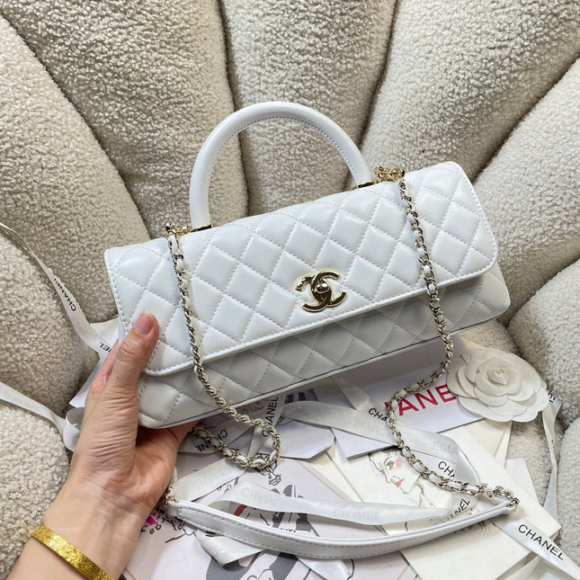 CHANEL 26S COCO HANDLE BAG 32 IN WHITE LAMBSKIN GOLD HARDWARE