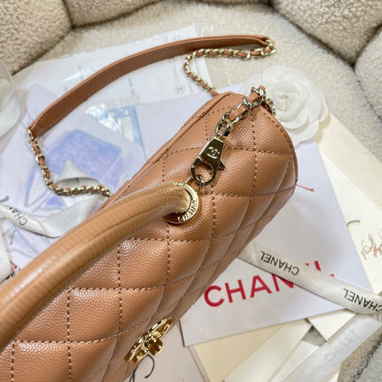 CHANEL 26S COCO HANDLE BAG 32 IN DARK BEIGE CAVIAR CALFSKIN GOLD HARDWARE
