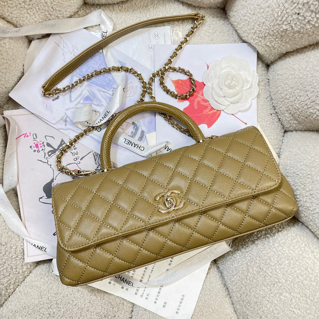 CHANEL 26S COCO HANDLE BAG 32 IN OLIVE BROWN CAVIAR CALFSKIN GOLD HARDWARE
