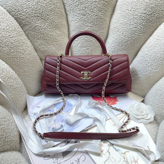 CHANEL 26S COCO HANDLE BAG 32 IN DARK RED GRAINED CALFSKIN GOLD HARDWARE