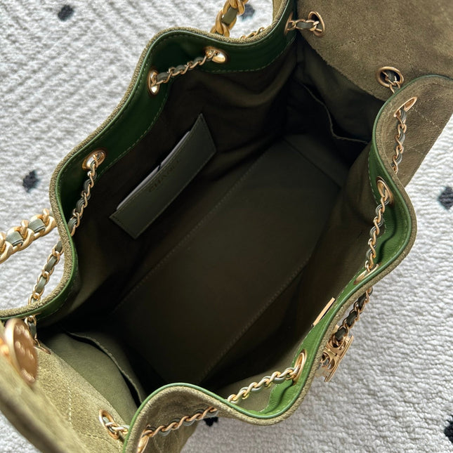 CHANEL 25S HOBO BAG 30 IN MOSS GREEN SUEDE WITH GOLD HARDWARE