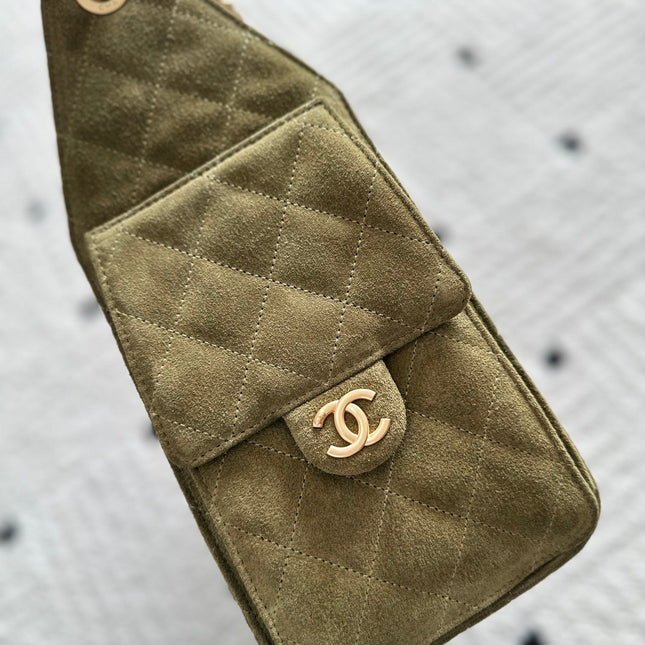 CHANEL 25S HOBO BAG 30 IN MOSS GREEN SUEDE WITH GOLD HARDWARE