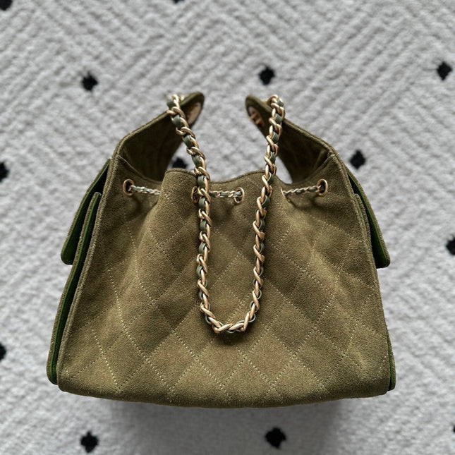 CHANEL 25S HOBO BAG 30 IN MOSS GREEN SUEDE WITH GOLD HARDWARE