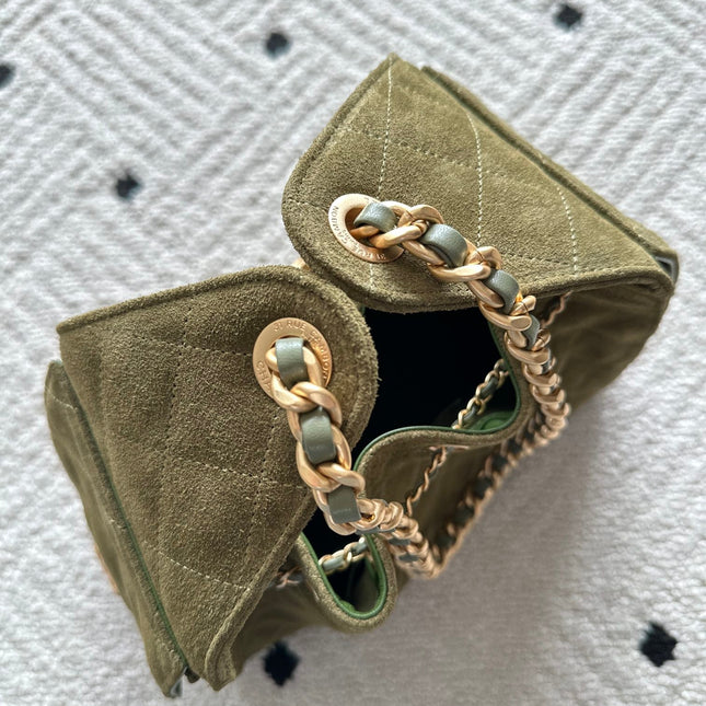 CHANEL 25S HOBO BAG 30 IN MOSS GREEN SUEDE WITH GOLD HARDWARE