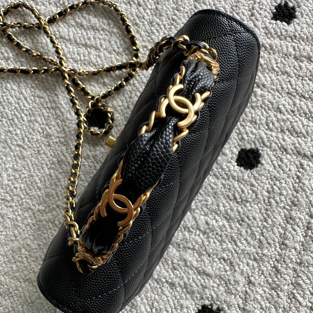 CHANEL 25S CLASSIC WALLET ON CHAIN 19 IN BLACK LAMBSKIN WITH GOLD HARDWARE