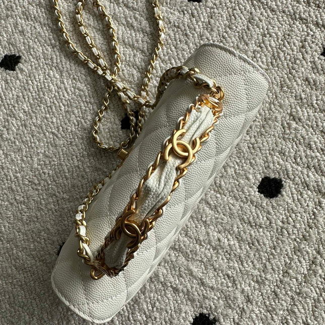CHANEL 25S CLASSIC WALLET ON CHAIN 19 IN WHITE LAMBSKIN WITH GOLD HARDWARE