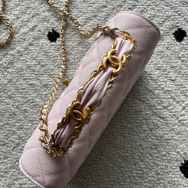 CHANEL 25S CLASSIC WALLET ON CHAIN 19 IN LIGHT PINK LAMBSKIN WITH GOLD HARDWARE