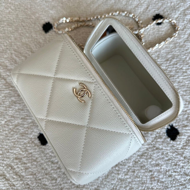CHANEL 25S VANITY BAG 17 IN WHITE CAVIAR LEATHER WITH GOLD HARDWARE