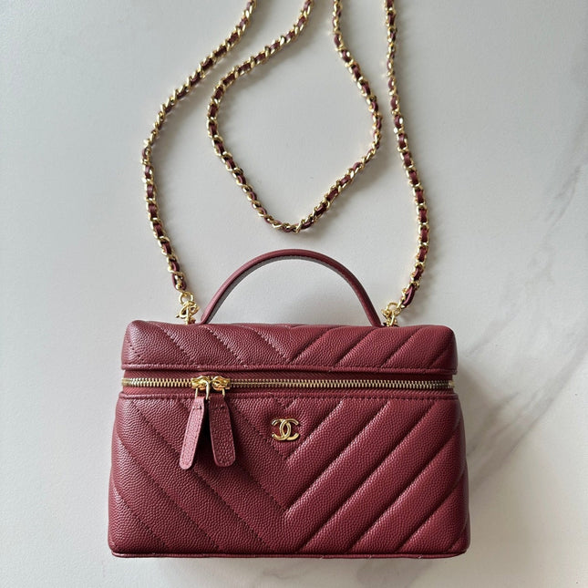CHANEL 25S VANITY CLASSIC FLAP 17 IN DARK RED CHEVRON QUILTED CALFSKIN GOLD HARDWARE