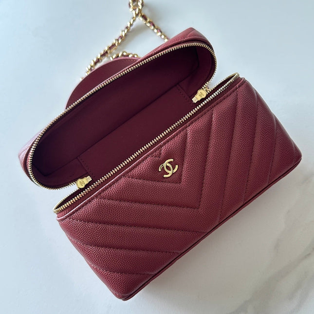 CHANEL 25S VANITY CLASSIC FLAP 17 IN DARK RED CHEVRON QUILTED CALFSKIN GOLD HARDWARE