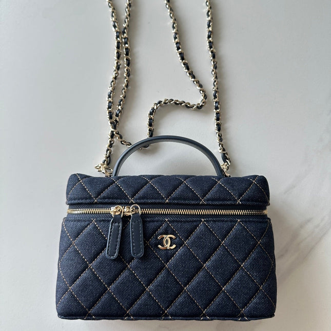 CHANEL 25S VANITY CLASSIC FLAP 17 IN DARK BLUE QUILTED DENIM GOLD HARDWARE