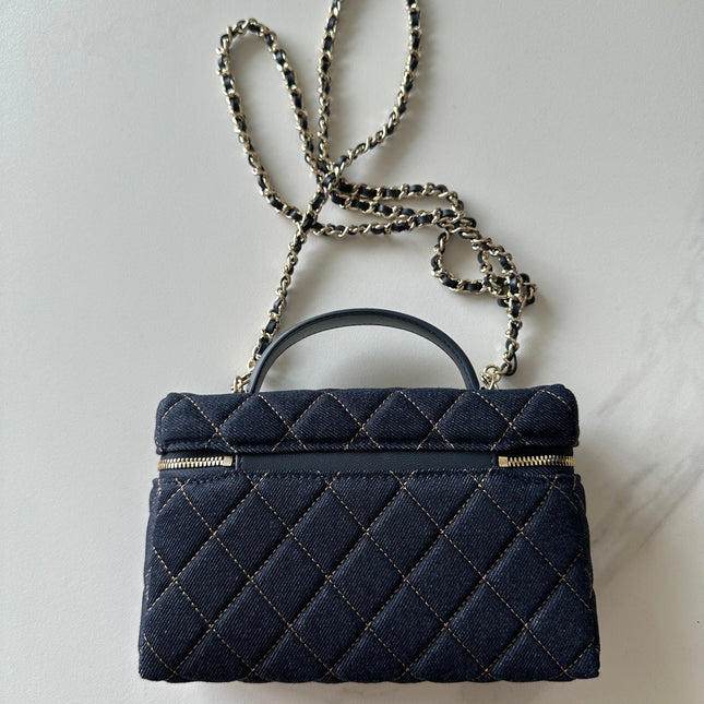 CHANEL 25S VANITY CLASSIC FLAP 17 IN DARK BLUE QUILTED DENIM GOLD HARDWARE
