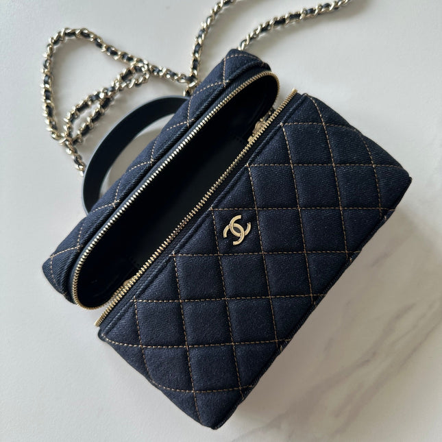 CHANEL 25S VANITY CLASSIC FLAP 17 IN DARK BLUE QUILTED DENIM GOLD HARDWARE
