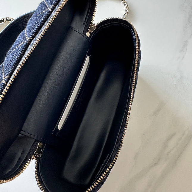 CHANEL 25S VANITY CLASSIC FLAP 17 IN DARK BLUE QUILTED DENIM GOLD HARDWARE