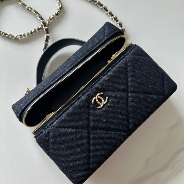 CHANEL 25S VANITY CLASSIC FLAP 17 IN DARK BLUE DENIM GOLD HARDWARE