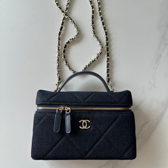 CHANEL 25S VANITY CLASSIC FLAP 17 IN DARK BLUE DENIM GOLD HARDWARE