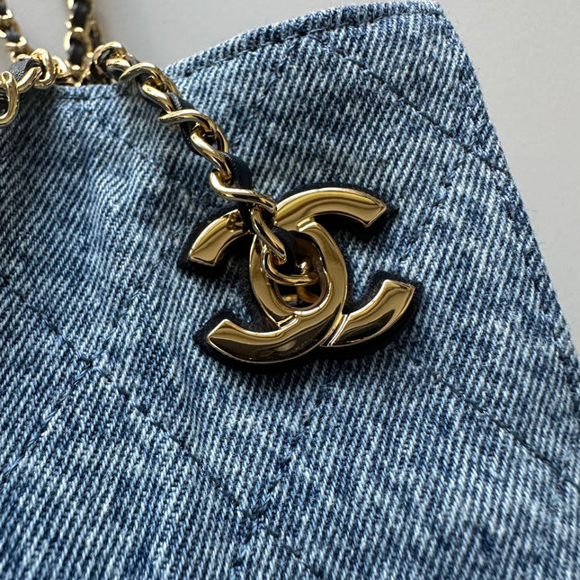 CHANEL 26S MINI BUCKET BAG 18 IN LIGHT BLUE QUILTED DENIM GOLD HARDWARE