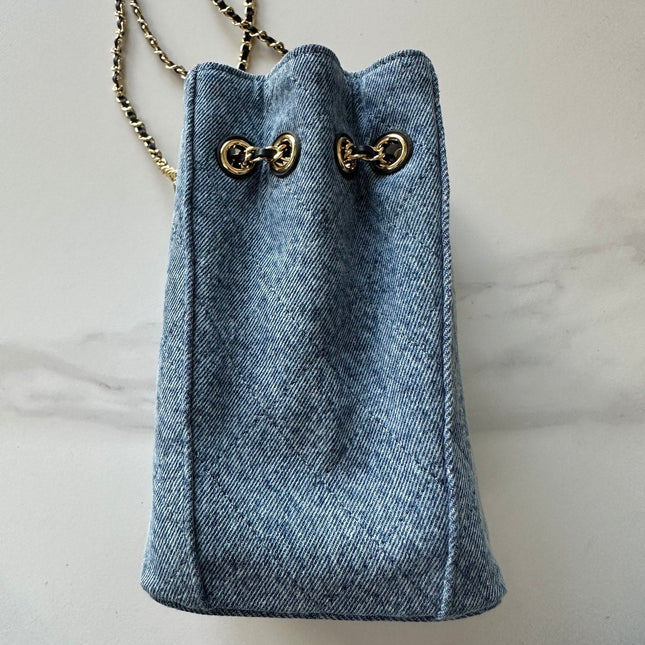 CHANEL 26S MINI BUCKET BAG 18 IN LIGHT BLUE QUILTED DENIM GOLD HARDWARE