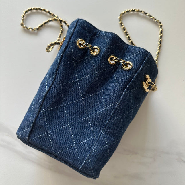 CHANEL 26S MINI BUCKET BAG 18 IN BLUE QUILTED DENIM GOLD HARDWARE