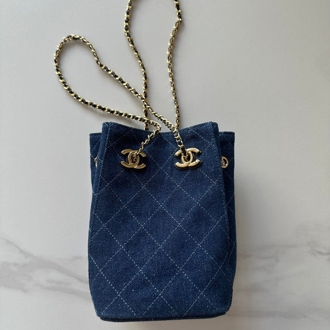 CHANEL 26S MINI BUCKET BAG 18 IN BLUE QUILTED DENIM GOLD HARDWARE